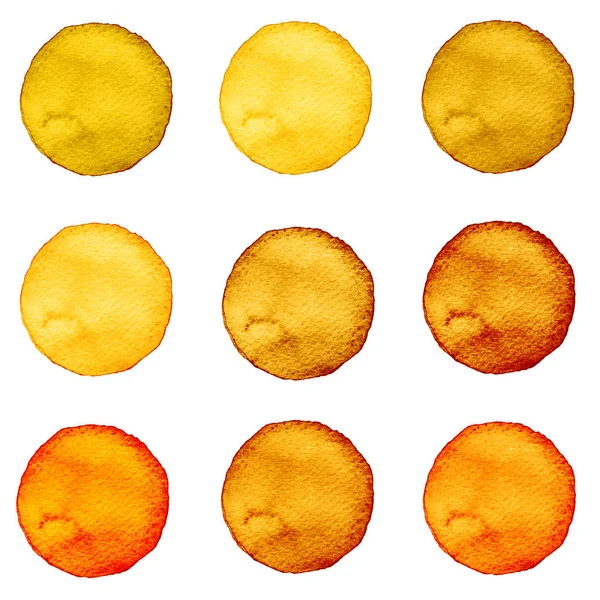 Set di marrone, colore del caffè acquerello dipinto a mano cerchio isolato su bianco. Illustrazione per il design artistico. Macchie rotonde, macchie — Foto Stock
