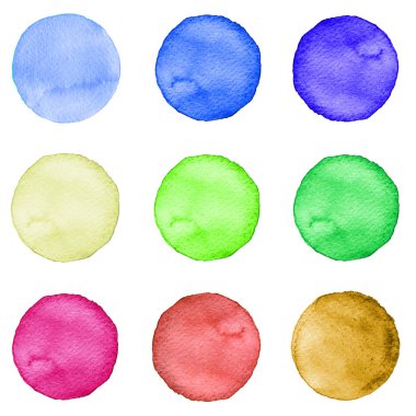 Suluboya kümesi pastel renkler daireler. Gösterim amacıyla sanatsal tasarım. Yuvarlak lekeler, üzerinde beyaz izole noktalar.