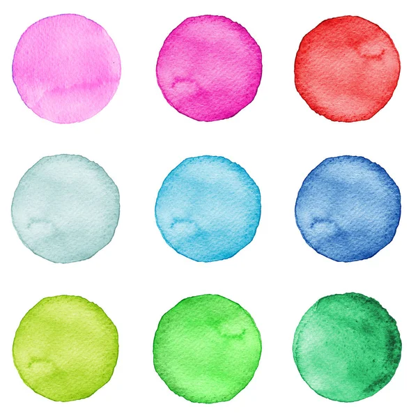 Ensemble de cercles d'aquarelle couleurs pastel. Illustration pour le design artistique. Taches rondes, taches isolées sur blanc . — Photo