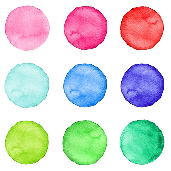 Set aquarel cirkels pastel kleuren. Illustratie voor artistieke ontwerp. Ronde vlekken, vlekken op witte geïsoleerd. — Stockfoto