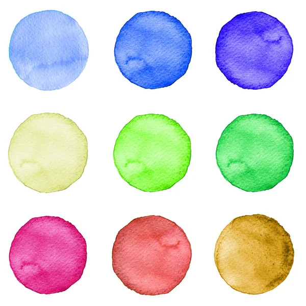 Ensemble de cercles d'aquarelle couleurs pastel. Illustration pour le design artistique. Taches rondes, taches isolées sur blanc . — Photo