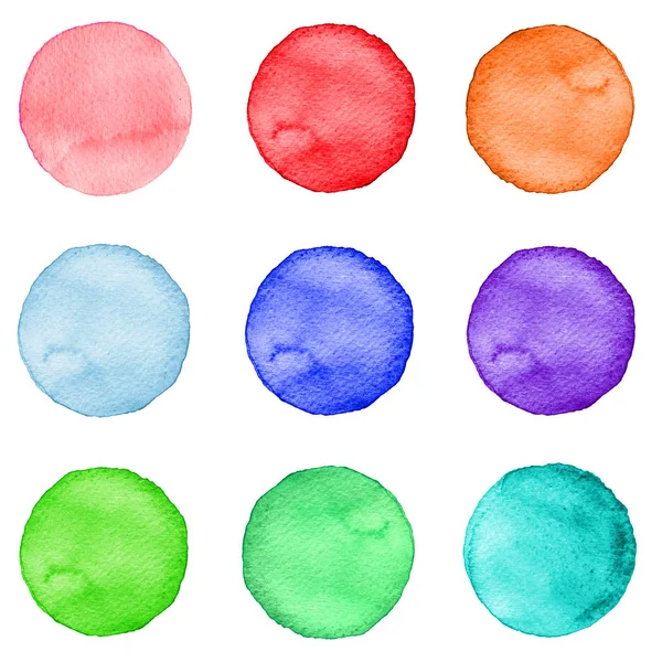 Set di cerchi acquerello colori pastello. Illustrazione per il design artistico. Macchie rotonde, macchie isolate su bianco . — Foto Stock