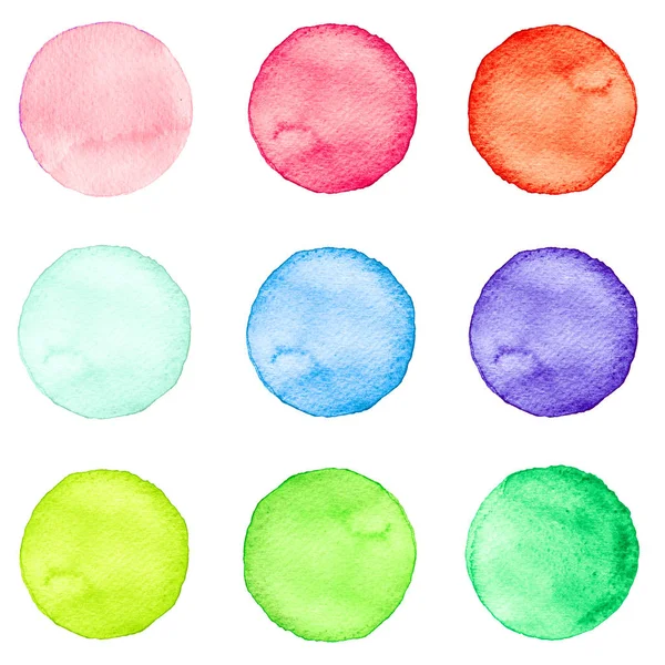 Suluboya kümesi pastel renkler daireler. Gösterim amacıyla sanatsal tasarım. Yuvarlak lekeler, üzerinde beyaz izole noktalar.