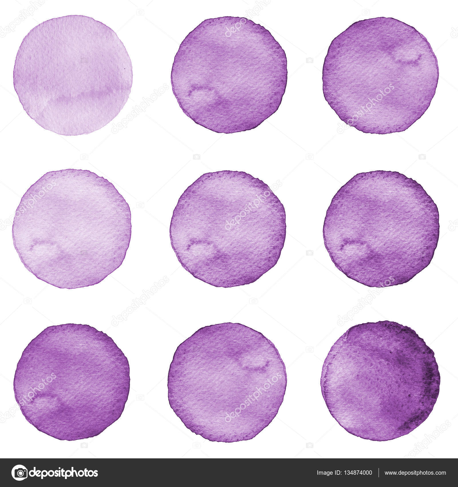 Acquerello con cerchi colori lavanda collezione viola Macchie dell acquerello set isolato su sfondo bianco Elementi di design