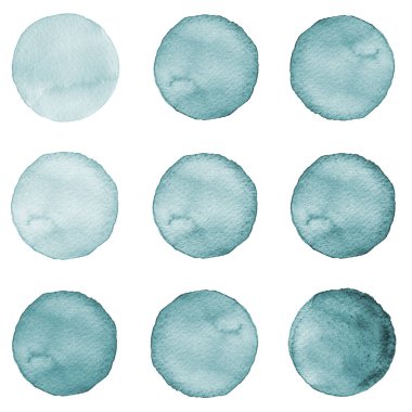 Suluboya daireler koleksiyon mavi renkler. Beyaz arka plan üzerinde izole set lekeleri. Tasarım öğeleri
