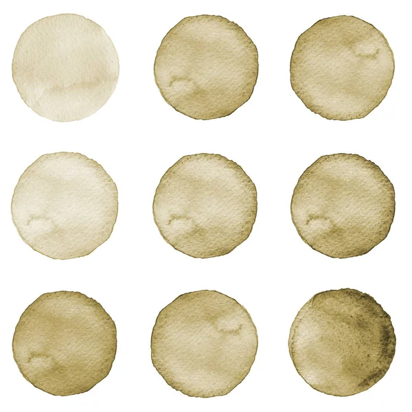 Conjunto de color marrón acuarela pintado a mano círculo aislado en blanco. Ilustración para diseño artístico. Manchas redondas, manchas — Foto de Stock