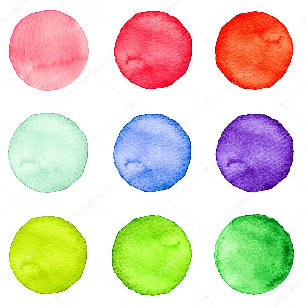 Set of watercolor circles pastel colors. Illustration for artistic design. Round stains, spots isolated on white.