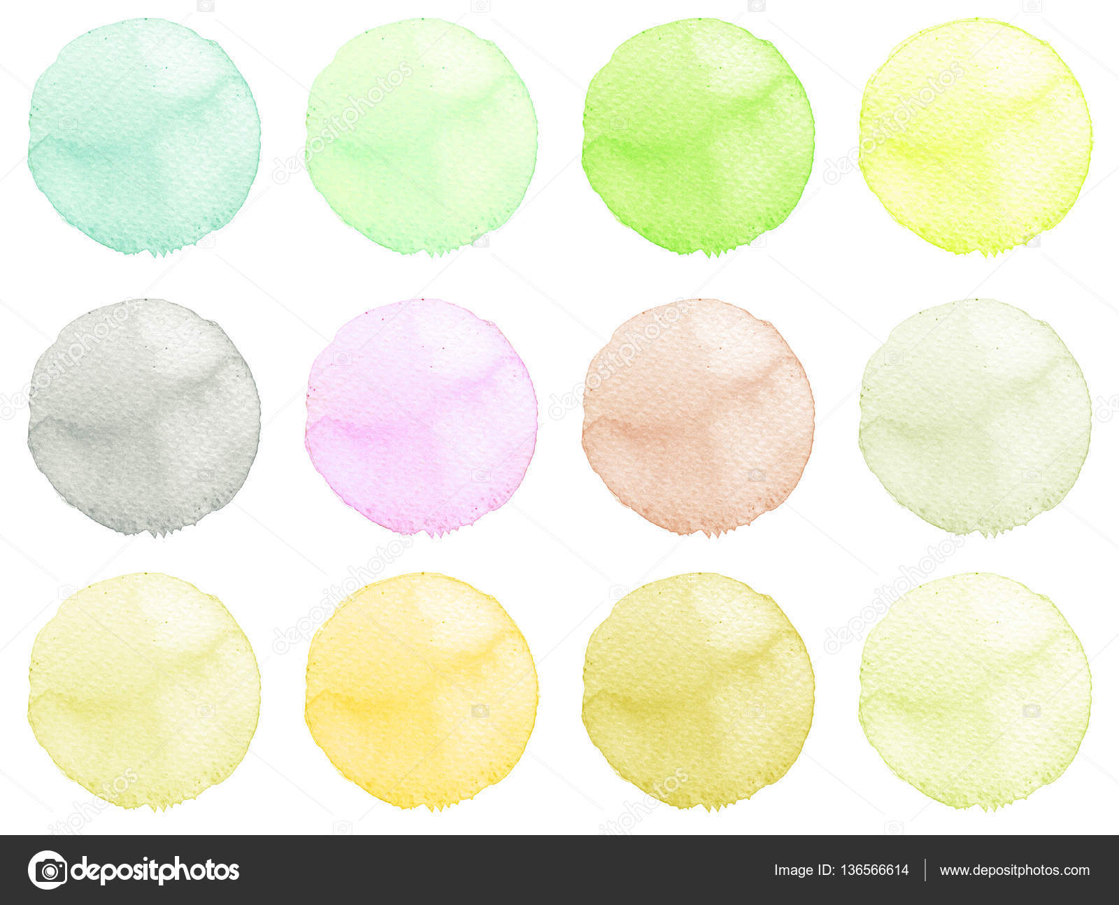 Serie di colorati a mano dell acquerello dipinto cerchio isolato su bianco Illustrazione dell acquerello per disegno artistico Rotonde macchie macchie di