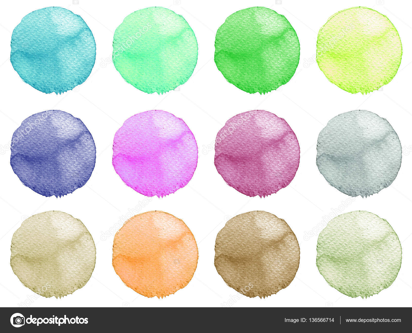 Serie di colorati a mano dell acquerello dipinto cerchio isolato su bianco Illustrazione dell acquerello per disegno artistico Rotonde macchie macchie di
