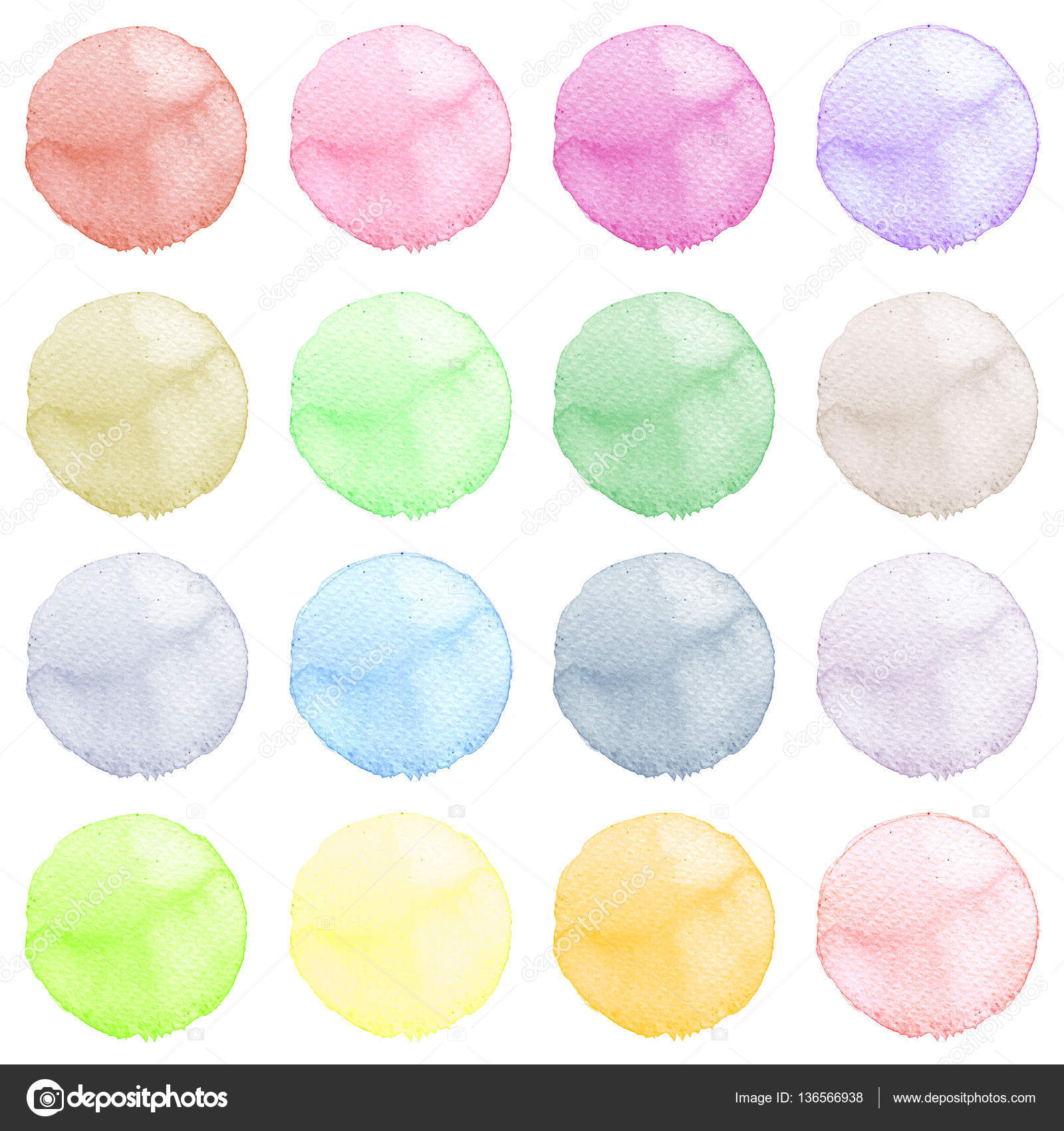 Serie di colorati a mano dell acquerello dipinto cerchio isolato su bianco Illustrazione dell acquerello per disegno artistico Rotonde macchie macchie di