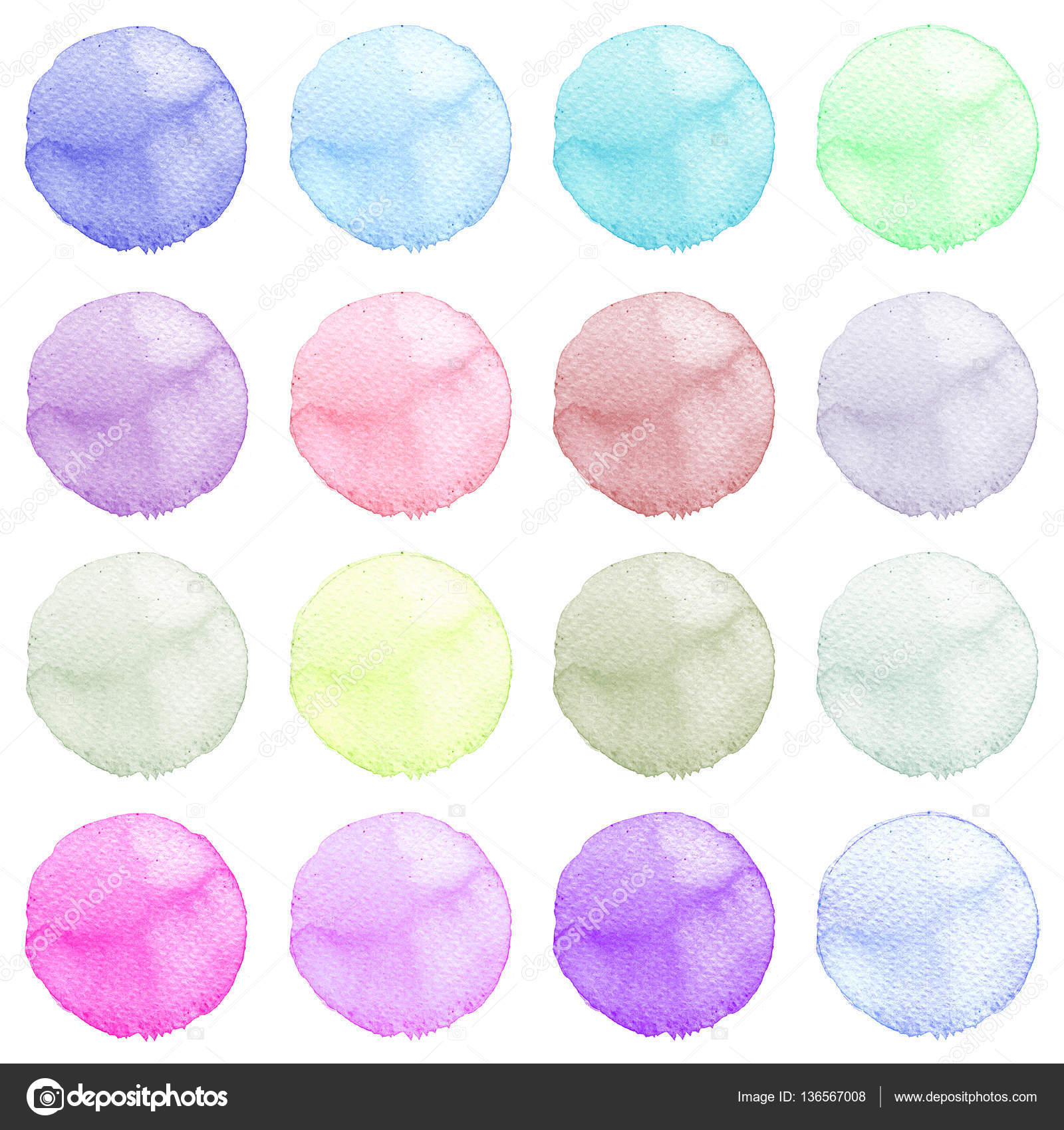 Serie di colorati a mano dell acquerello dipinto cerchio isolato su bianco Illustrazione dell acquerello per disegno artistico Rotonde macchie macchie di