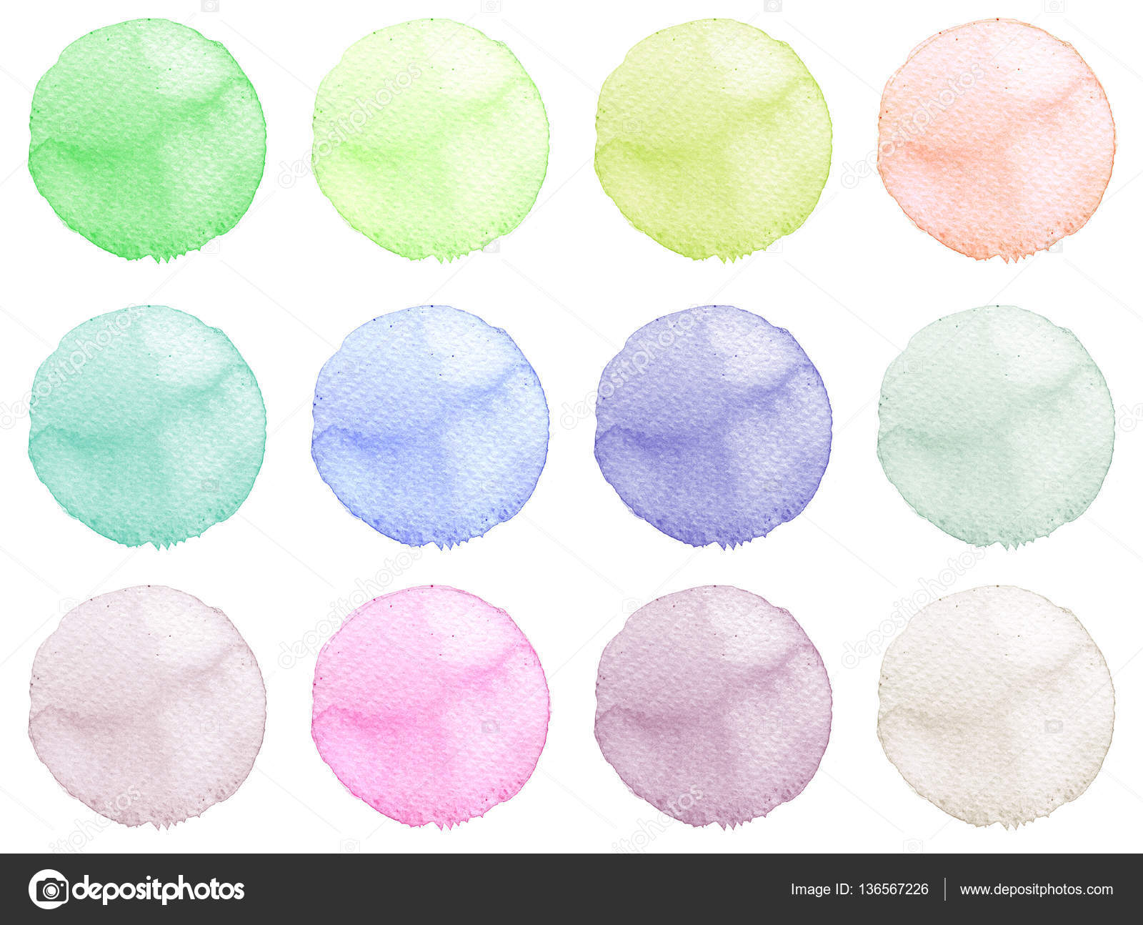 Serie di colorati a mano dell acquerello dipinto cerchio isolato su bianco Illustrazione dell acquerello per disegno artistico Rotonde macchie macchie di