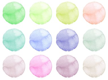 Suluboya resmi sanatsal tasarım için. Yuvarlak lekeler, BLOB'ları mavi, kırmızı, yeşil, kahverengi renk