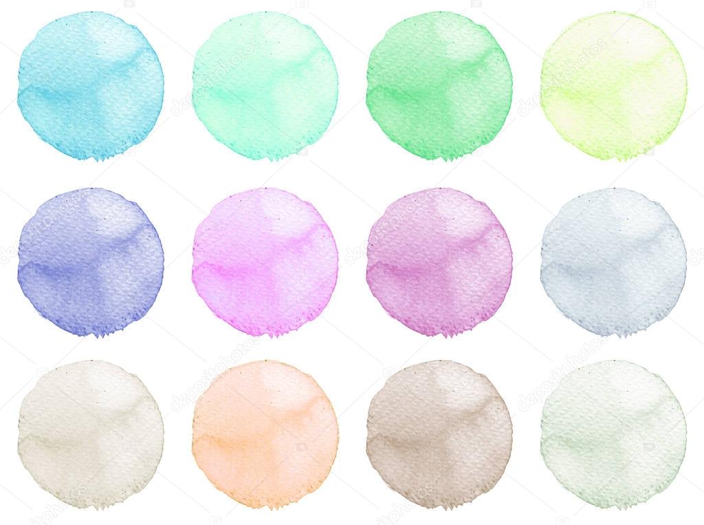 Watercolor Illustration for artistic design. Round stains, blobs of blue, red, green, brown color