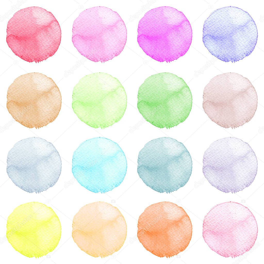 Watercolor Illustration for artistic design. Round stains, blobs of blue, red, green, brown color