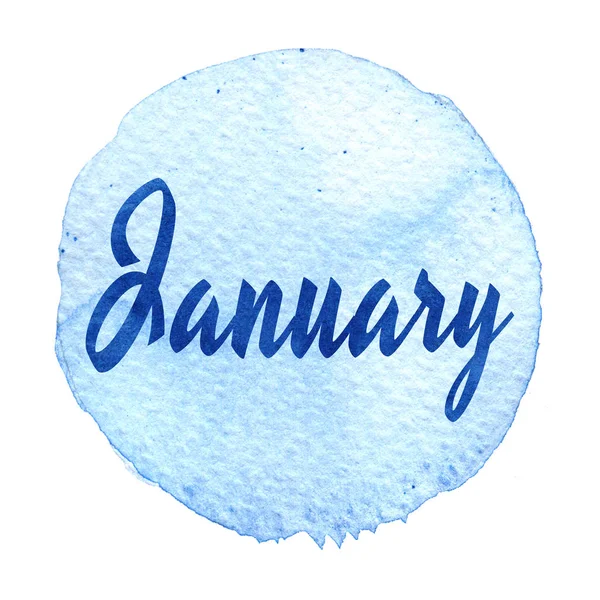 Círculo de acuarela azul con palabra Enero aislada sobre un fondo blanco. Pegatina, etiqueta, forma redonda con el nombre del mes de enero —  Fotos de Stock