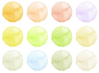 Suluboya resmi sanatsal tasarım için. Yuvarlak lekeler, BLOB'ları mavi, kırmızı, yeşil, kahverengi renk