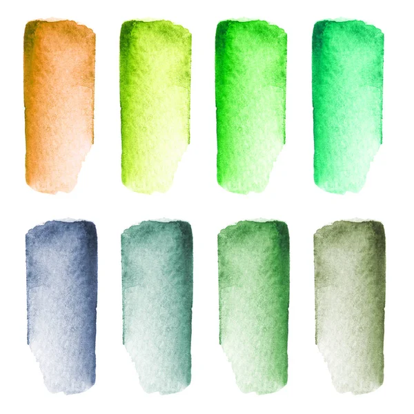 Reeks van kleurrijke handgeschilderde aquarel penseelstreken geïsoleerd op witte achtergrond. — Stockfoto