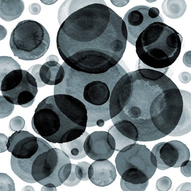 Modern arka plan gri ve siyah şeffaf baloncuklar içinde suluboya boyalı. Mürekkep daireler, nokta ile soyut tek renkli desen