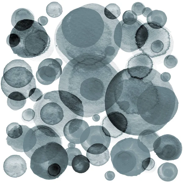 Fondo moderno de burbujas transparentes grises y negras pintadas en acuarela. Patrón monocromo abstracto con círculos de tinta, puntos — Foto de Stock