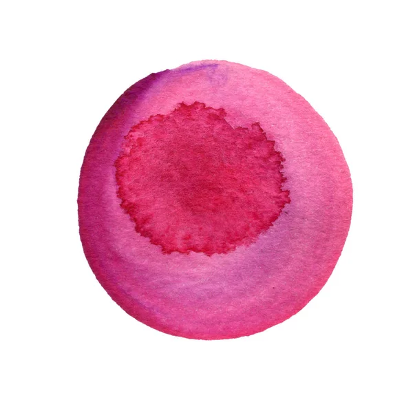 Círculo de acuarela rosa aislado en blanco. Fondo redondo abstracto. La acuarela roja tiñe textura. Punto púrpura dibujado a mano . — Foto de Stock