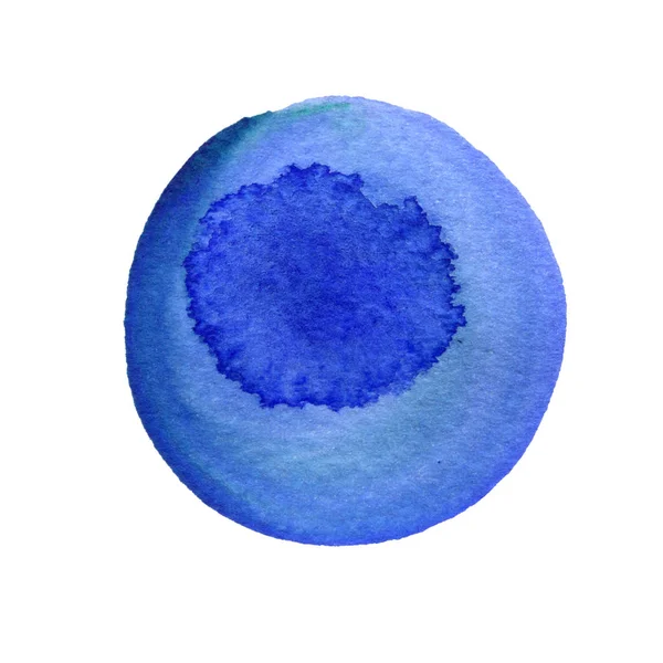 Círculo azul ultramarino aquarela com bordas irregulares isoladas no fundo branco. Textura redonda pintada de manchas de aquarela . — Fotografia de Stock