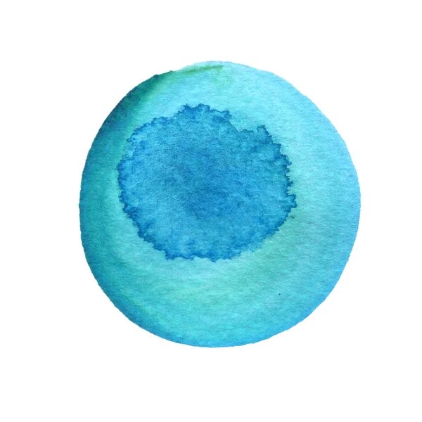 Acuarela círculo azul cielo profundo con bordes irregulares aislados sobre fondo blanco. Textura redonda pintada de manchas de acuarela . — Foto de Stock