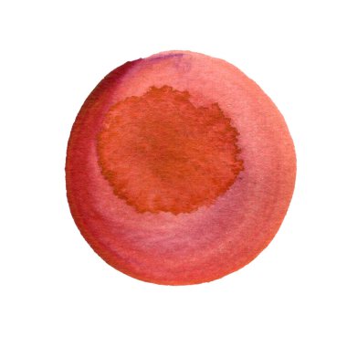 Beyaz izole yanmış umber, kahverengi suluboya daire. Yuvarlak arka plan. Sienna veya kestane suluboya doku lekeleri. Elle çizilmiş Kızılca nokta.