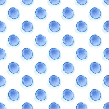 Mavi ve beyaz tonlarında suluboya çevrelerin soyut desen ile. Elle çizilmiş noktalar. Desen mavi polka dot. Doku Tekstil, ambalaj kağıdı, tebrik kartı, davet, duvar kağıdı için