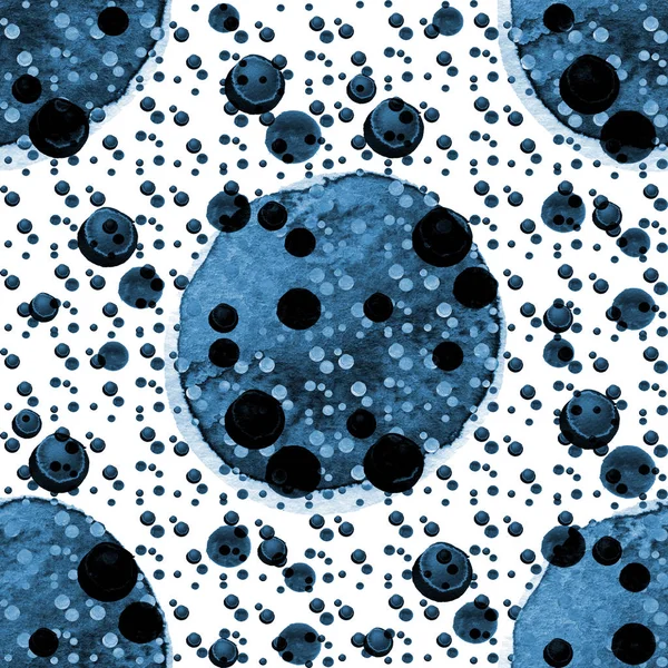 Absztrakt modern háttér foltok, blot, különböző méretű, kék árnyalatai és a fekete körök. Egyszerű geometriai köralakzat véletlenszerűen elosztott térben. Akvarell illusztráció — Stock Fotó