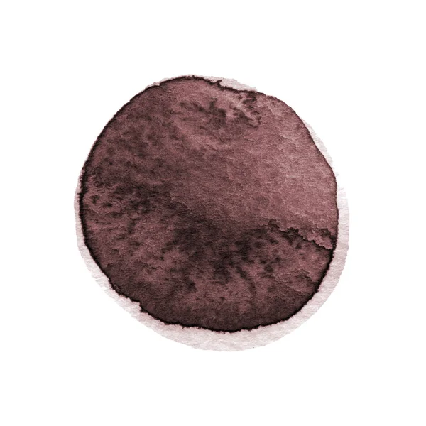Dark brown, sepia, chocolate round watercolor stain isolated on white background with realistic paper texture. Watercolour coffee vibrant spot. Hand drawn template. — Stock Photo, Image