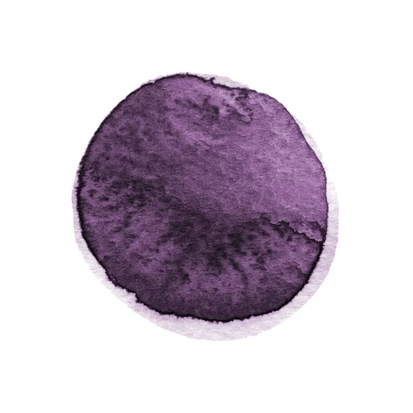 Mancha de acuarela redonda de color púrpura oscuro, violeta aislada sobre fondo blanco con textura de papel realista. Mancha vibrante acuarela lavanda profunda. Plantilla dibujada a mano . — Foto de Stock