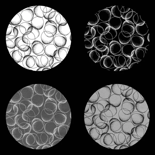 Cepillo o tiza dibujado círculos con patrón de puntos. Fondo geométrico blanco y negro — Foto de Stock
