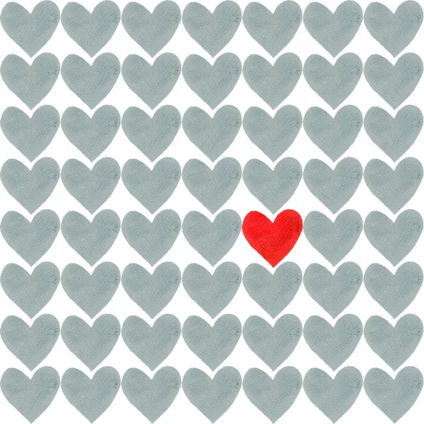 Corazón rojo con una multitud de otros corazones grises — Foto de Stock