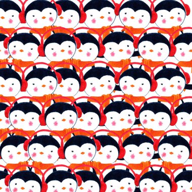 Penguenler kalabalık. Suluboya resim