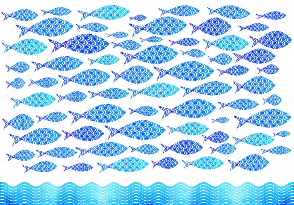 Blue Watercolor ocean fishes background