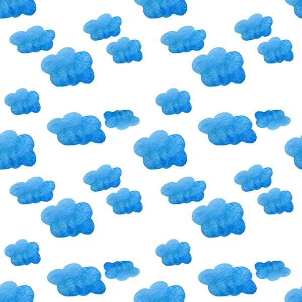 Fondo azul de nubes de acuarela. Nubes pintadas a mano aisladas en blanco . — Foto de Stock