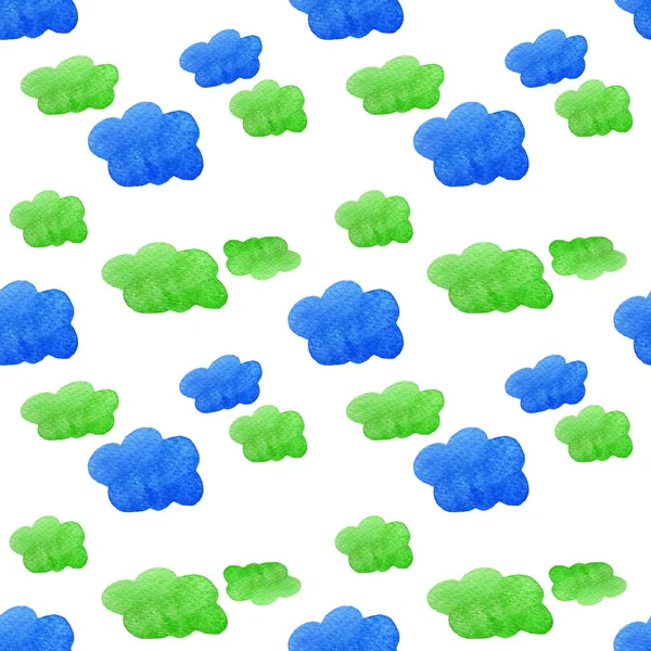 Blaue und grüne Aquarellwolken Hintergrund. handbemalte Wolken isoliert auf Weiß. — Stockfoto