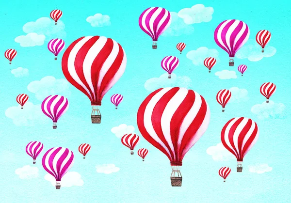 Skaran av varmluftsballonger på himmelsblå bakgrund — Stockfoto
