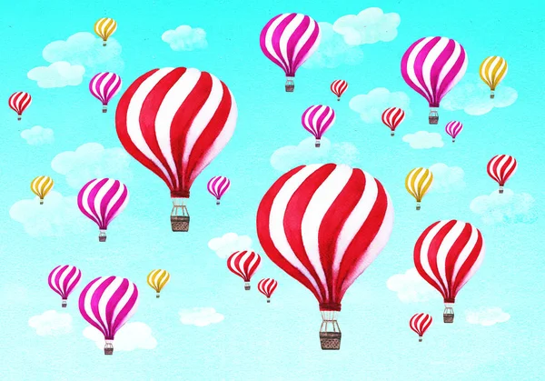 Skaran av varmluftsballonger på himmelsblå bakgrund — Stockfoto