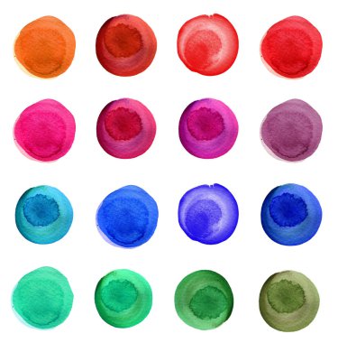 Kümesi üzerinde beyaz izole renkli suluboya daireler.