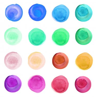 Kümesi üzerinde beyaz izole renkli suluboya daireler.