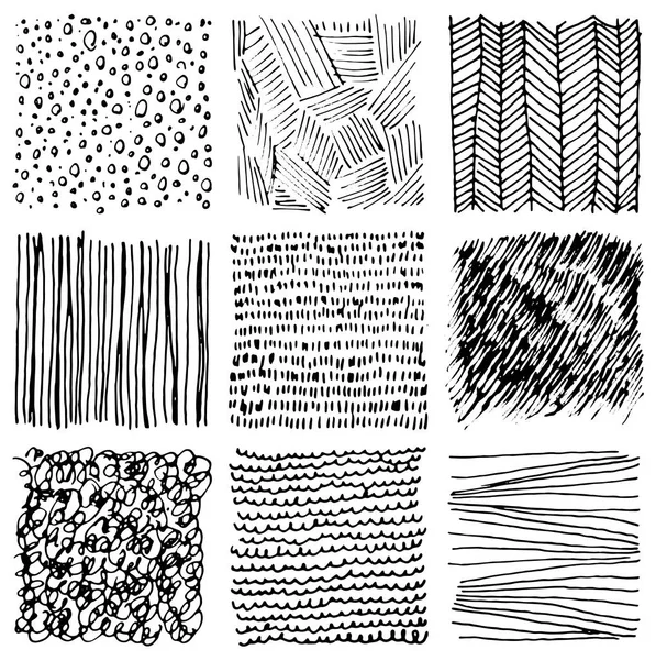 Set van hand getrokken inkt texturen. Eenvoudige vector krassend patronen — Stockvector