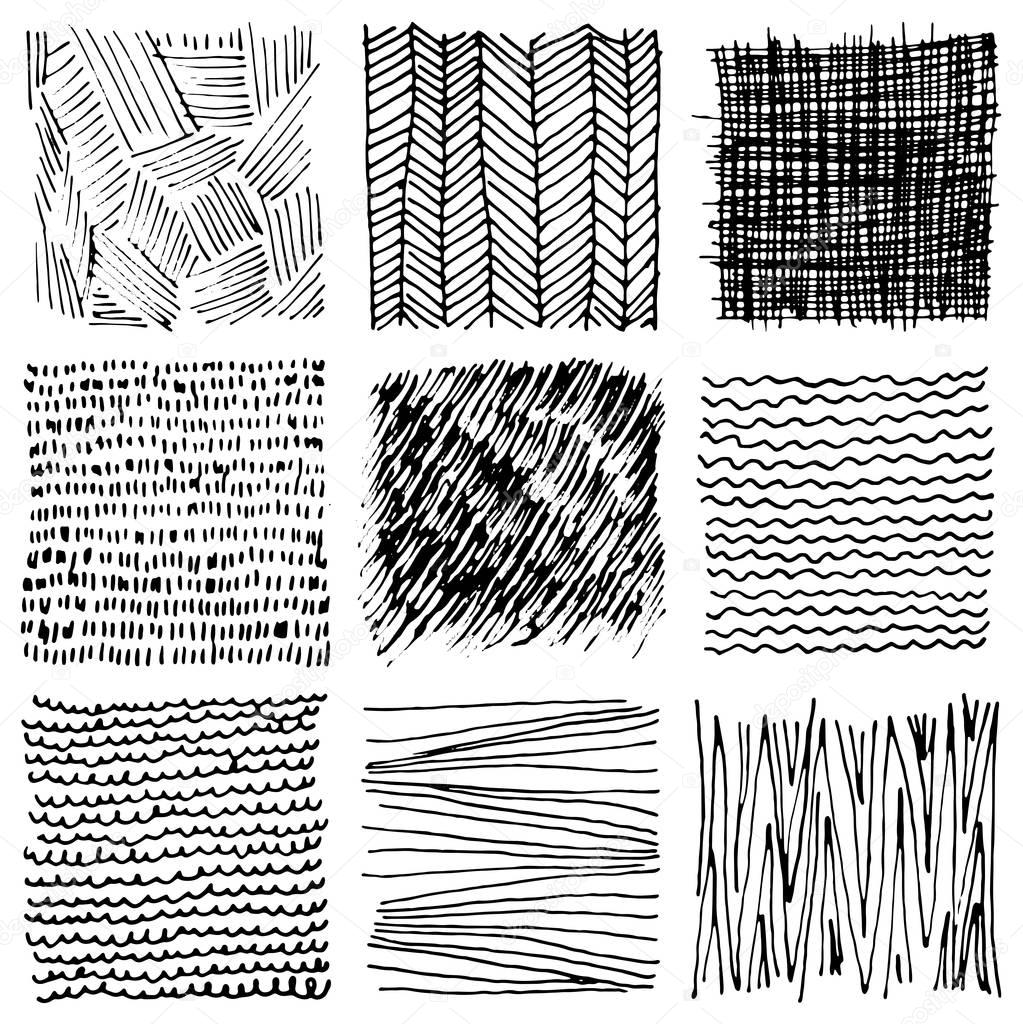 Set of hand drawn ink textures. Simple vector scratchy patterns