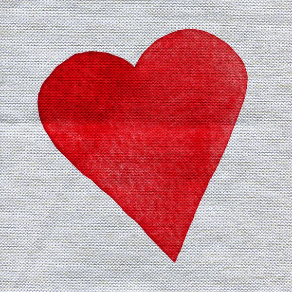 Aquarela pintado coração vermelho na textura de tecido de linho — Fotografia de Stock