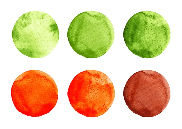 Akvarell cirklar i olika nyanser av grönt, gult och brunt färger isolerad på vit bakgrund. — Stockfoto