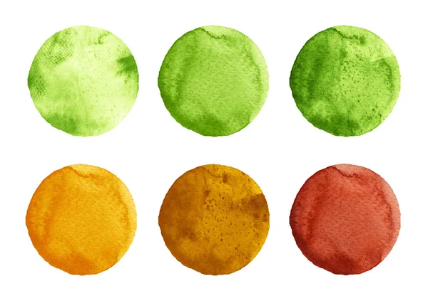 Círculos de acuarela en tonos verdes, amarillos y marrones aislados sobre fondo blanco . —  Fotos de Stock