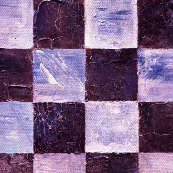 Motif à carreaux abstrait peint avec des peintures acryliques ou à l'huile sur toile aux couleurs marron, violet foncé et bleu — Photo