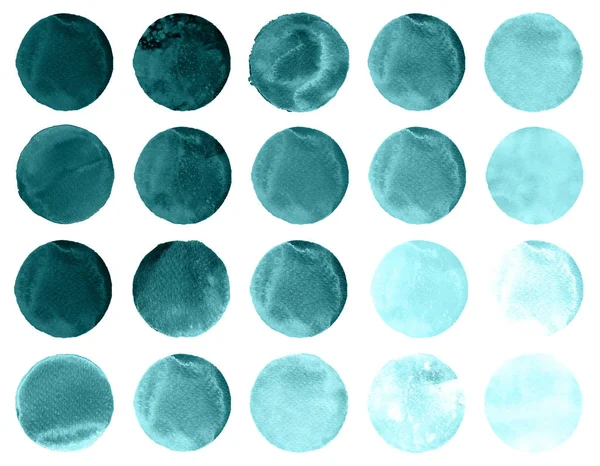 Dizi suluboya sıçramak yeşil, malakit, yonca daireler. Suluboya yuvarlak tasarım logo, afiş, poster için öğeleri.