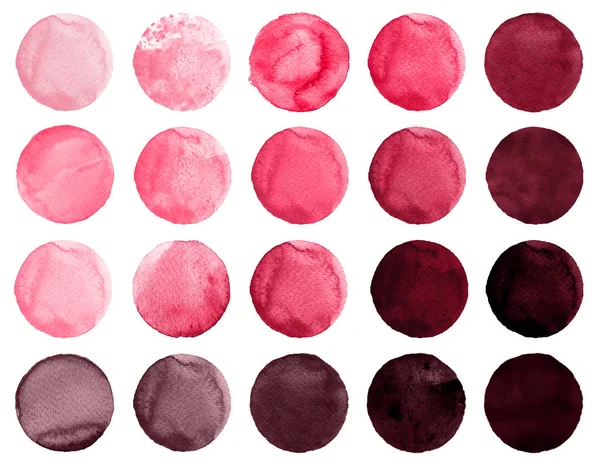 Uppsättning av rose, carmine, röda akvarell hand målad cirkel isolerade på vitt. Illustration till konstnärlig gestaltning. Runda fläckar, blobbar — Stockfoto